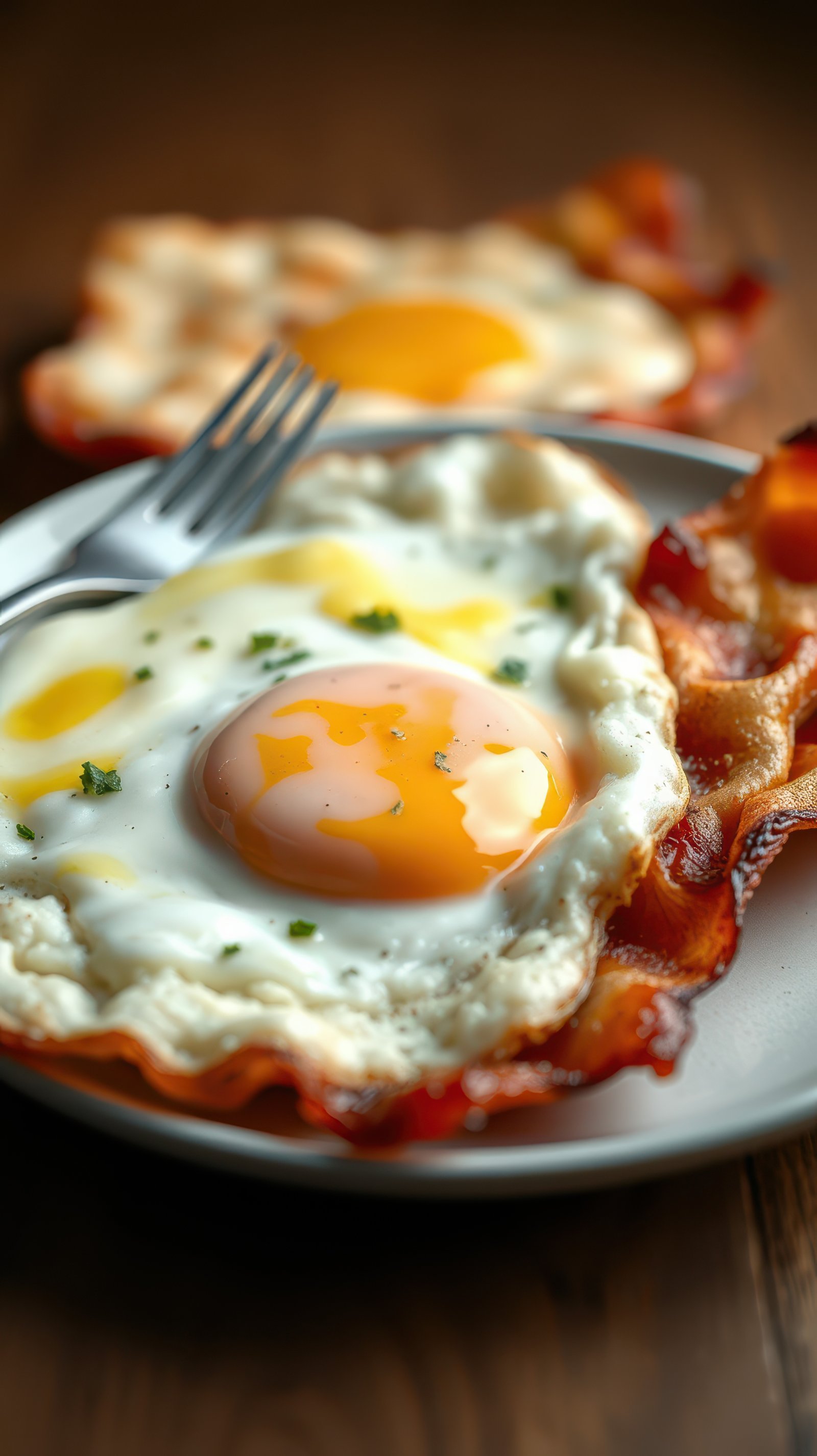 Fried eggs with crispy bacon served on a plate garnished with herbs